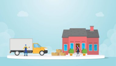 Corona covid-19 sezonunda güvenli teslimat kavramı modern düz stil vektör maskesi takan insanlarla dolu.