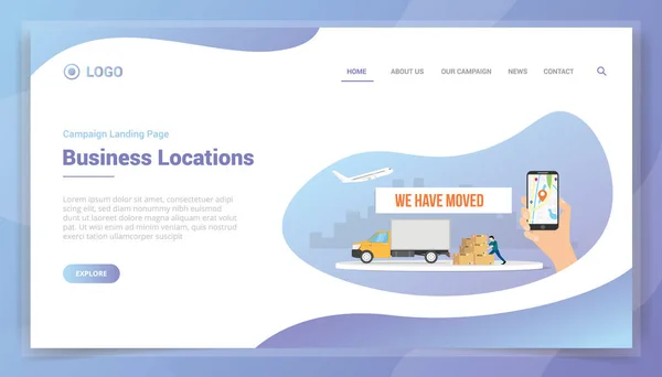 Moved Business Location Concept Website Template Landing Homepage Vector — Stock Vector