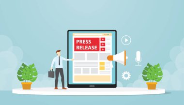 Halkla ilişkiler, şirket blogları aracılığıyla basın açıklamaları yapıyor. Modern düz çizgi film tasarım vektör çizimi.