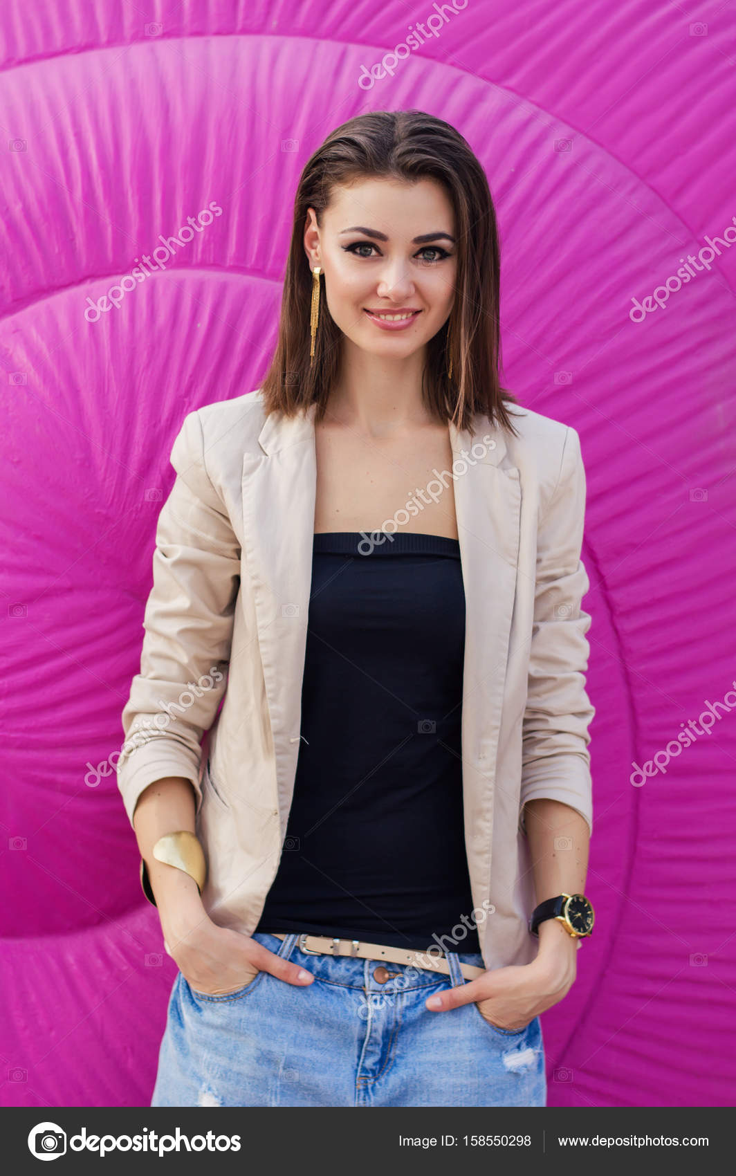 Vertical Portrait Of Young European Female Model With Stylish Bob