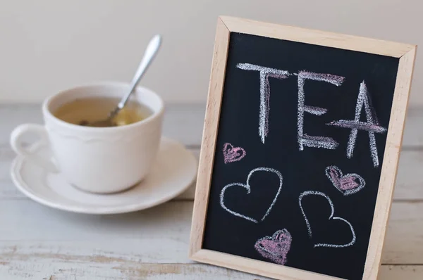 Grüner Tee Weißer Tasse Und Tafel Mit Handgeschriebenem Text Tea — Stockfoto
