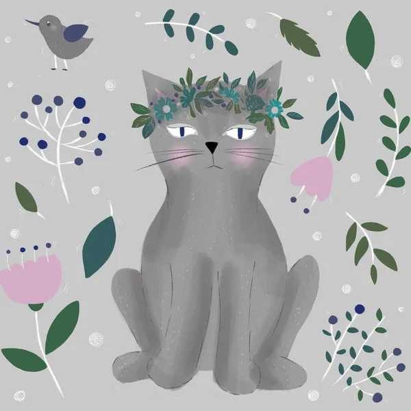 Gray Card with cat and flowers