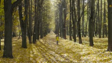 Sonbahar parkında yürüyen kız.