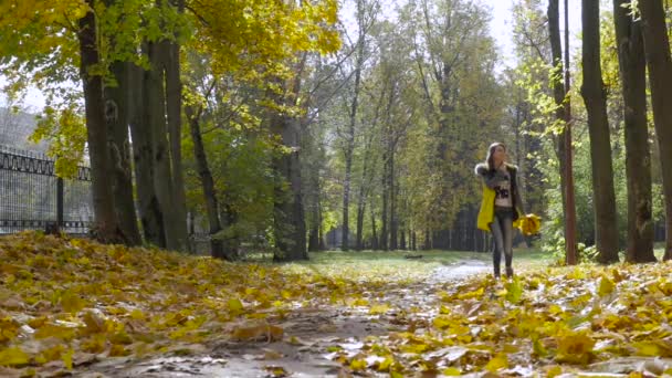 Sonbahar parkında yürüyen kız. — Stok video