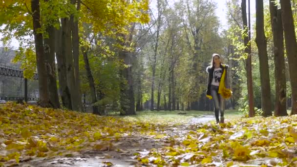 Flicka promenader i höstparken — Stockvideo