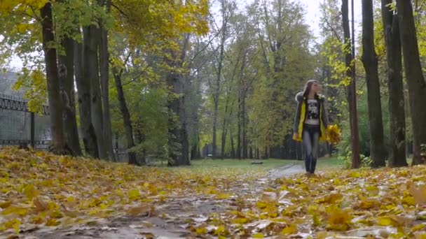 Meisje wandelen in de herfst park — Stockvideo
