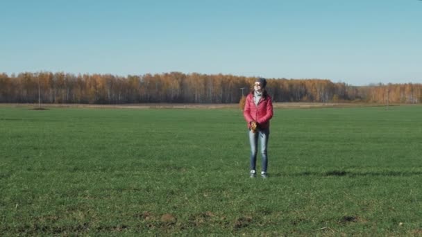 Chica lanzando hojas de oro, disfrutando del otoño — Vídeos de Stock