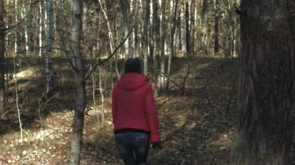 Girl walking on autumn forest — Stockvideo