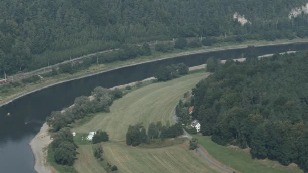 Le train longe la rivière à travers les arbres verts — Video