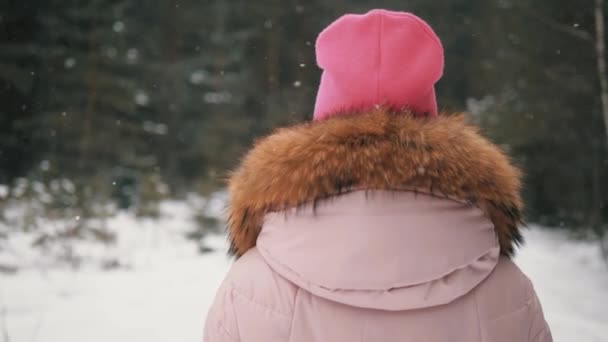Девушка Медленно Ходит Зимнему Лесу Снегопадом — стоковое видео