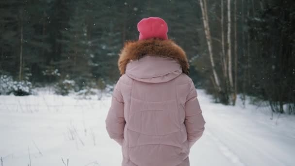 Niña Camina Lentamente Través Bosque Invierno Bajo Las Nevadas — Vídeos de Stock