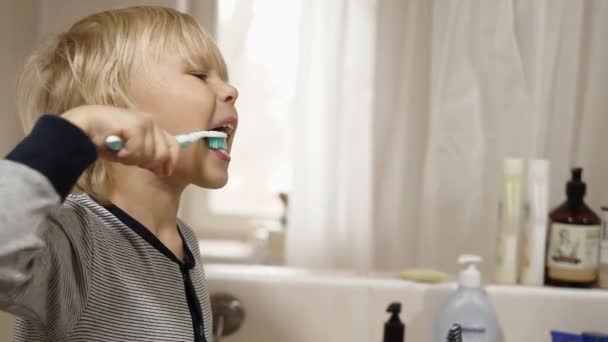 Menino Escovando Dentes Casa Banho — Vídeo de Stock