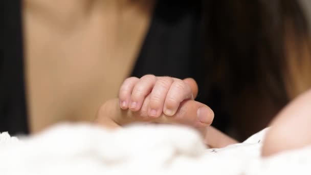 かわいい赤ちゃんは彼の母親の指を保持し ゆりかごの中に横たわる — ストック動画
