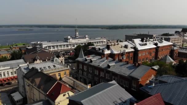 Flygfoto Nizjnij Novgorod Rozhdestvenskaya Street Över Pilen Oka Och Volga — Stockvideo