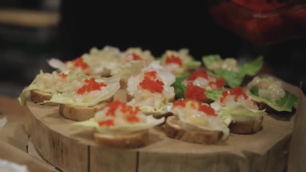 Entrega Layout Alimentos Campo Evento Sanduíche Canapés Tartins — Vídeo de Stock