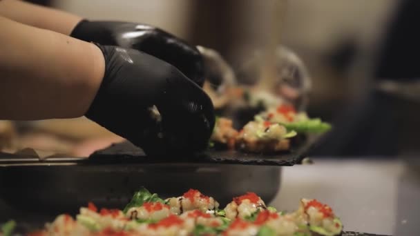 Entrega Layout Alimentos Campo Evento Sanduíche Canapés Tartins — Vídeo de Stock