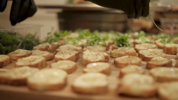 Leverans Och Layout Mat Fältet Händelse Sandwich Canapes Tartiner — Stockvideo