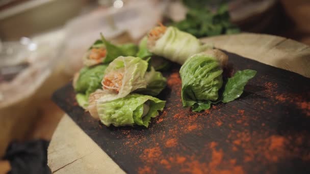 Leverans Och Layout Mat Fältet Händelse Sandwich Canapes Tartiner — Stockvideo