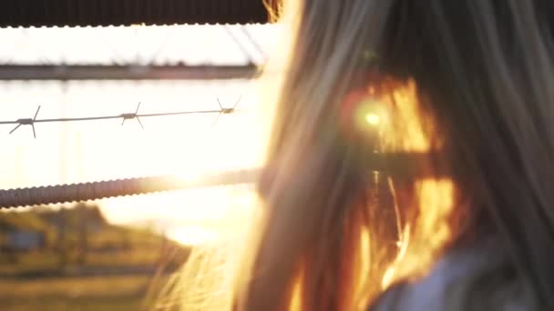 Menina Olha Para Distância Pôr Sol Perto Cabeça — Vídeo de Stock