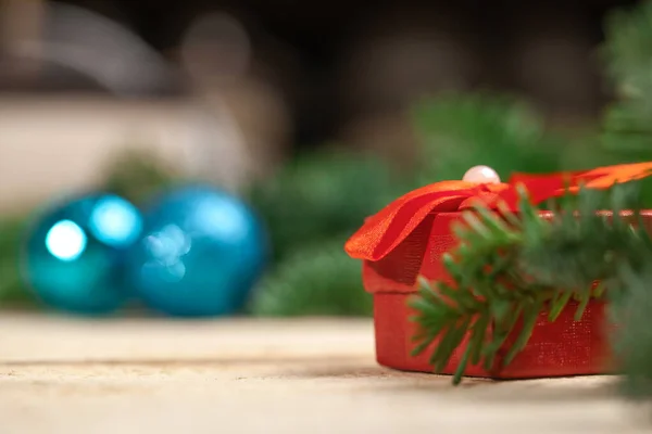 Fundo Para Cartão Natal Festivo Bolas Árvore Natal Presentes Close — Fotografia de Stock