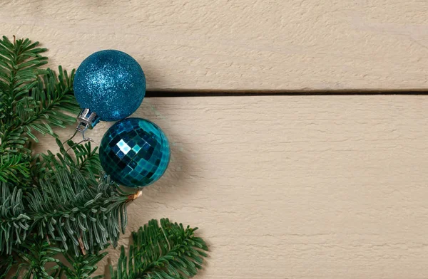Background for festive Christmas card Christmas tree balls and gifts close up