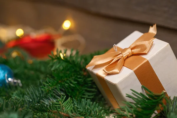 Background Festive Christmas Card Christmas Tree Balls Gifts Close — Stock Photo, Image
