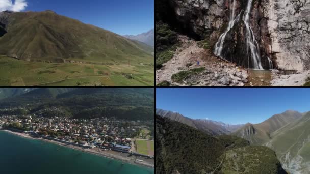 Seyahat Çerçeveleri Dağlar Deniz Manzara Kolajı — Stok video