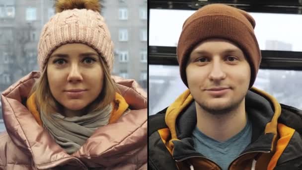 一个男的和一个女的坐火车去看相机 拼凑在一起 — 图库视频影像
