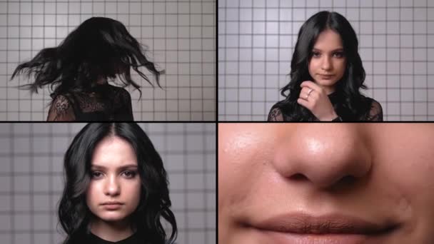 Flicka Poserar Framför Kameran Collage — Stockvideo