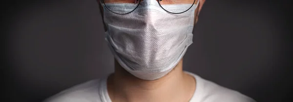 Doctor Wearing Protection Face Mask Coronavirus Banner Panorama Medical Staff — Stock Photo, Image