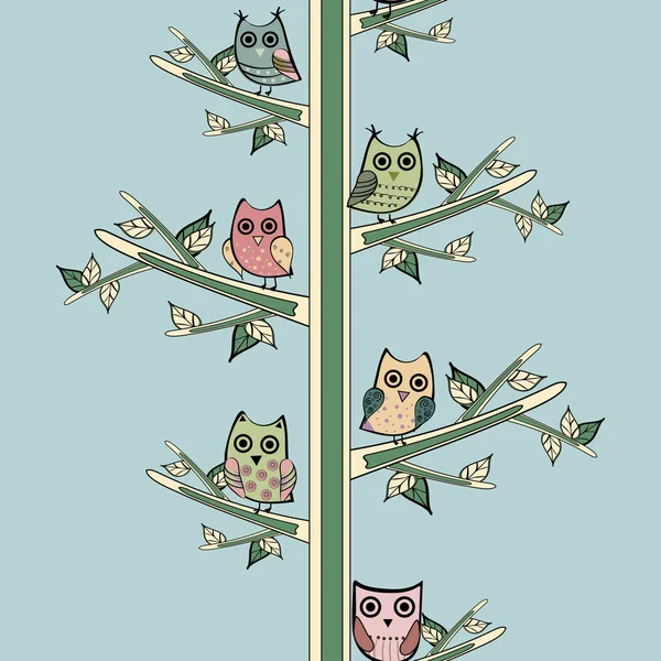 猫头鹰树分支垂直向量无缝模式 — 图库矢量图片