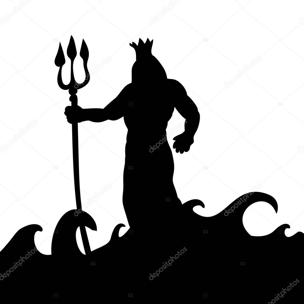 Poseidon god silhouette ancient mythology fantasy. Vector illustration.