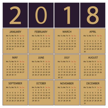 Takvim 2018 yıl. Hafta Pazartesi ile başlıyor.