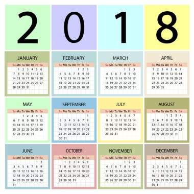 Takvim 2018 yıl. Hafta Pazar günü ile başlar
