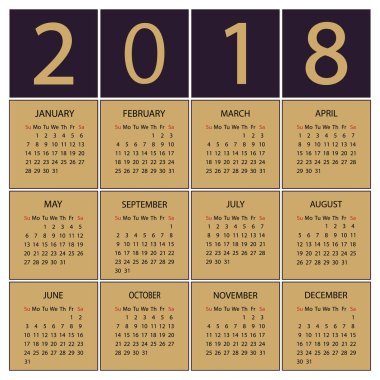 Takvim 2018 yıl. Hafta Pazar günü ile başlar