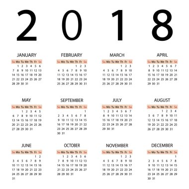 Takvim 2018 yıl. Hafta Pazar günü ile başlar