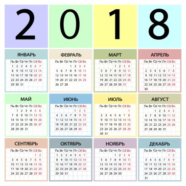 Takvim 2018 yıl Rusya. Hafta Pazartesi ile başlıyor.