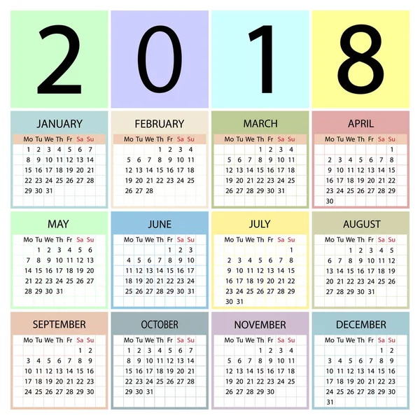 Calendario 2018 año. La semana comienza con el lunes . — Archivo Imágenes Vectoriales