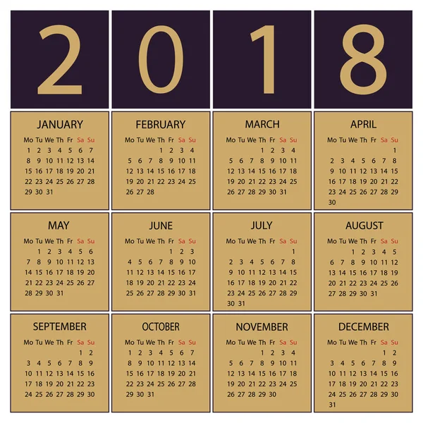 Takvim 2018 yıl. Hafta Pazartesi ile başlıyor.