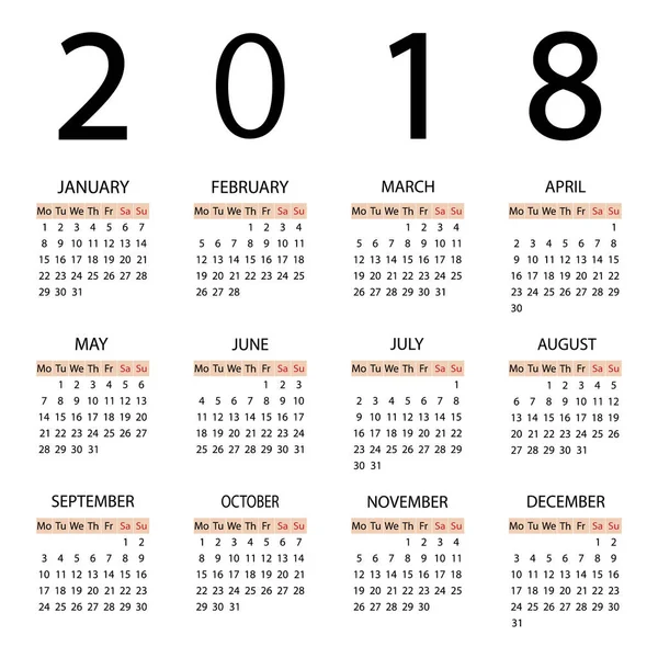 Takvim 2018 yıl. Hafta Pazartesi ile başlıyor.