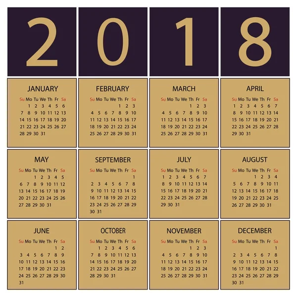 Calendario 2018 año. La semana comienza con el domingo — Vector de stock