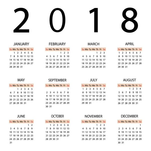 Takvim 2018 yıl. Hafta Pazar günü ile başlar