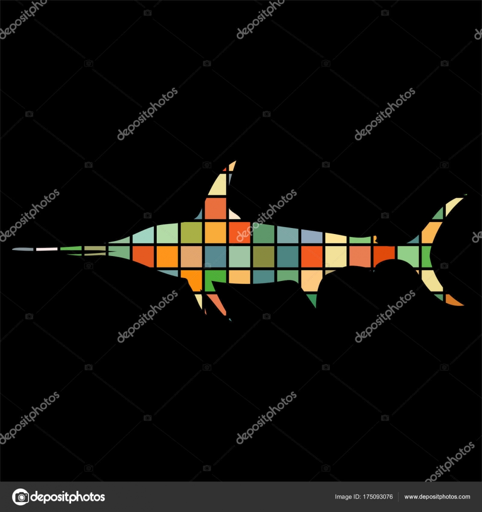 Pesci della trota pesce spada colore sagoma acquatica animale fondo nero del mosaico Illustratore di vettore — Vettoriali di kozyrevaelena