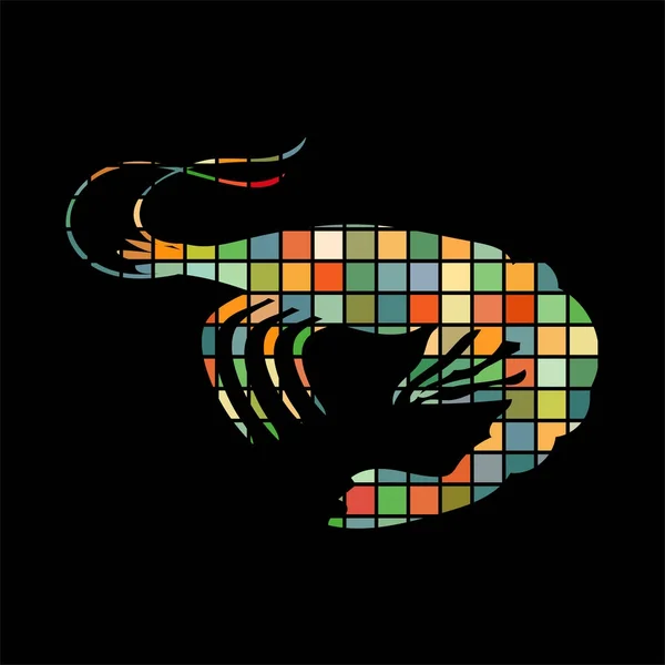 Shrimp mosaic color silhouette aquatic animal background black — Stock Vector