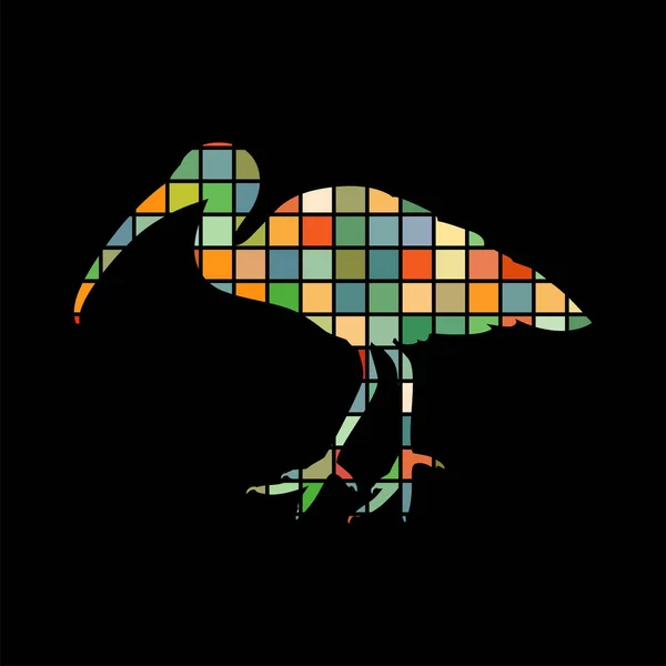 Ібіс пташиний мозаїчний колір силует тварини фон чорний — стоковий вектор