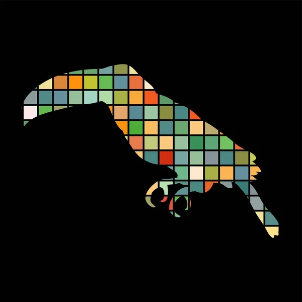 Tukán madár mozaik színes sziluett állati háttér fekete — Stock Vector