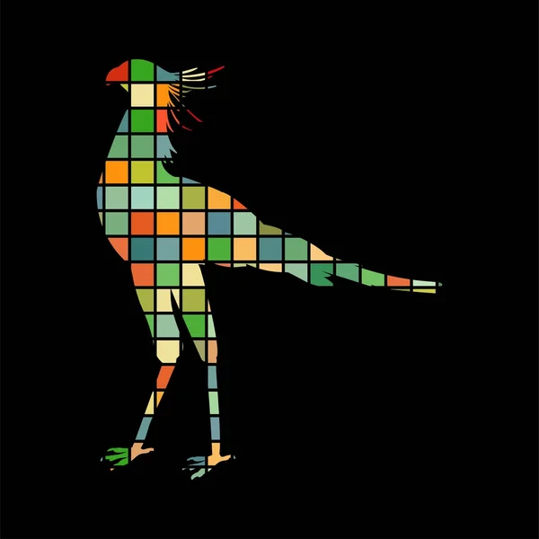 Силуэт птицы секретарь мозаики цвет животного фона черный — стоковый вектор