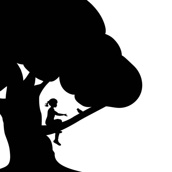 Silhouette ragazza seduta albero con uccello — Vettoriale Stock