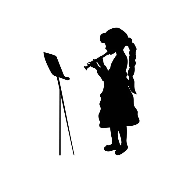 Silueta chica música jugando flauta — Archivo Imágenes Vectoriales