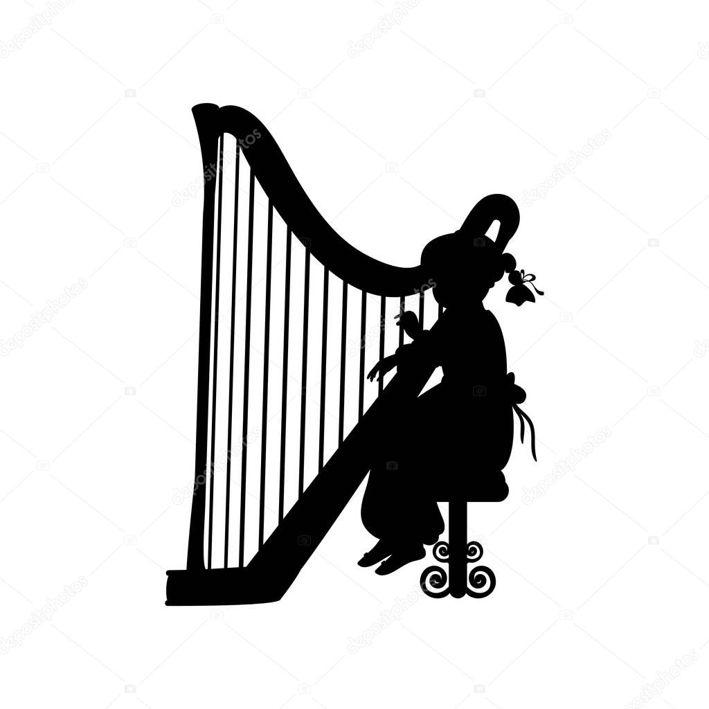 Silhouette girl music playing harp